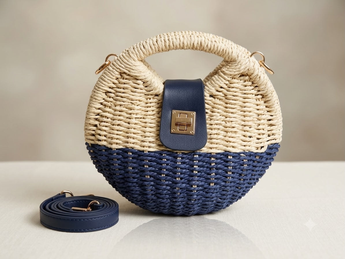 Seaside Two-Tone Woven Straw Crossbody Bag with Navy Leather Accents