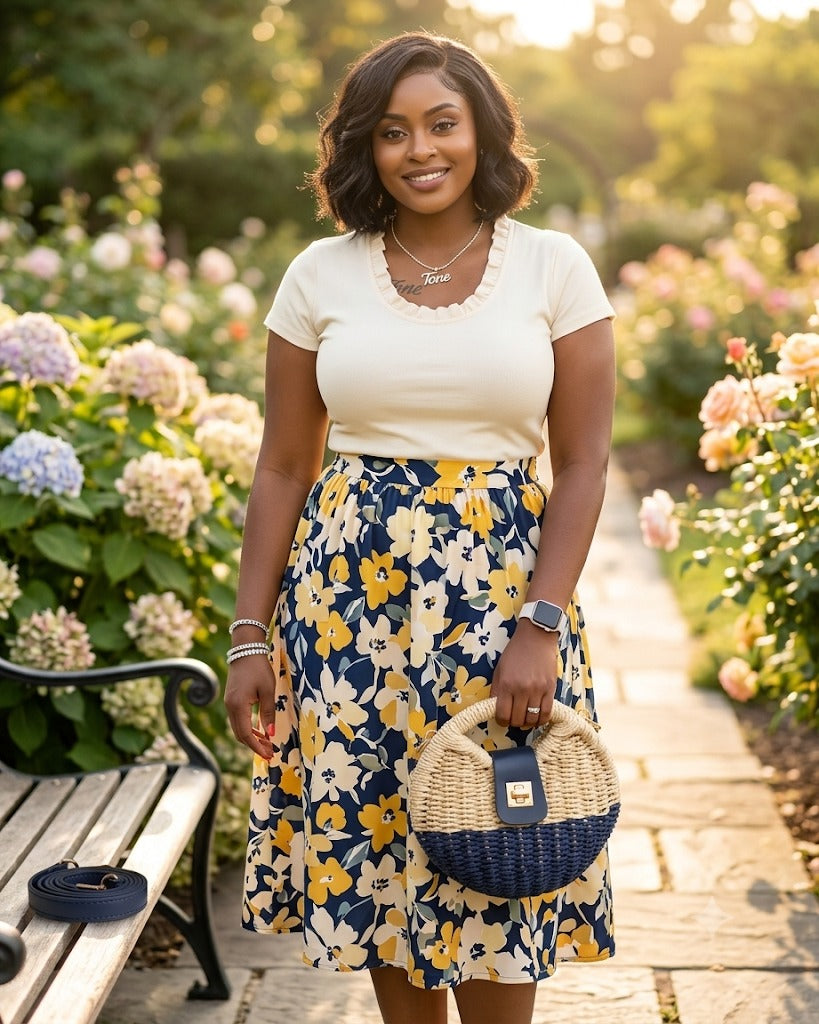 Woman in a floral skirt and white top standing in a garden