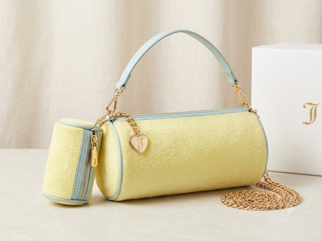 Yellow handbag with light blue accents and gold chain on a beige background