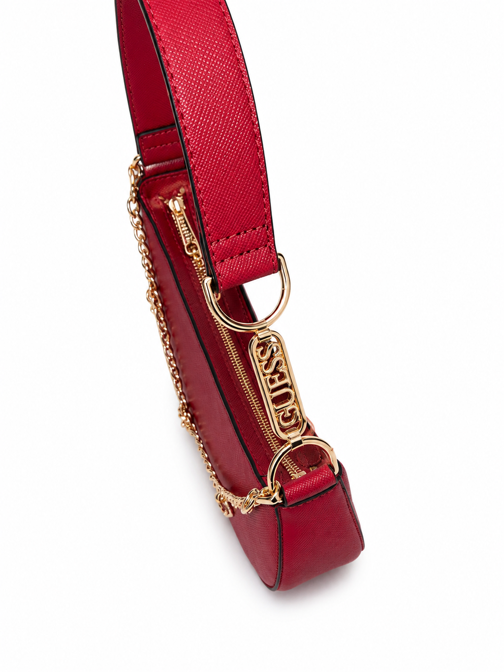 A close-up of a red leather shoulder bag with a gold-tone chain strap and a prominent GUESS logo clasp on a white background.