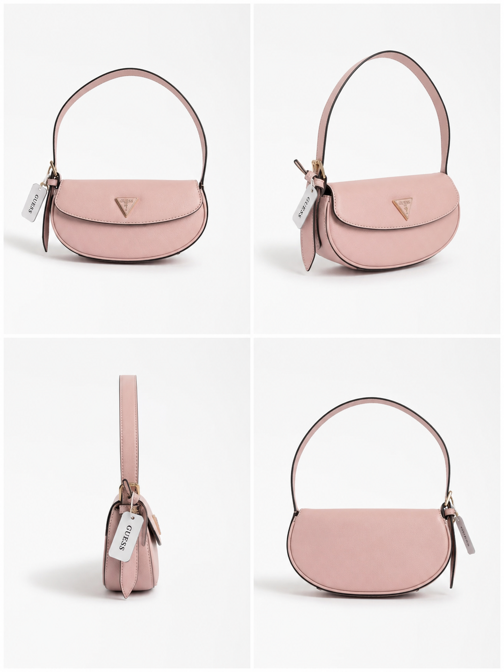 A four-panel product collage showing a small blush pink handbag from multiple angles on a clean white background. The bag has a curved flap, a top handle, a zip closure, a small gold-tone triangular logo emblem, and a hanging white tag with visible Guess branding.