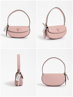 A four-panel product collage showing a small blush pink handbag from multiple angles on a clean white background. The bag has a curved flap, a top handle, a zip closure, a small gold-tone triangular logo emblem, and a hanging white tag with visible Guess branding.