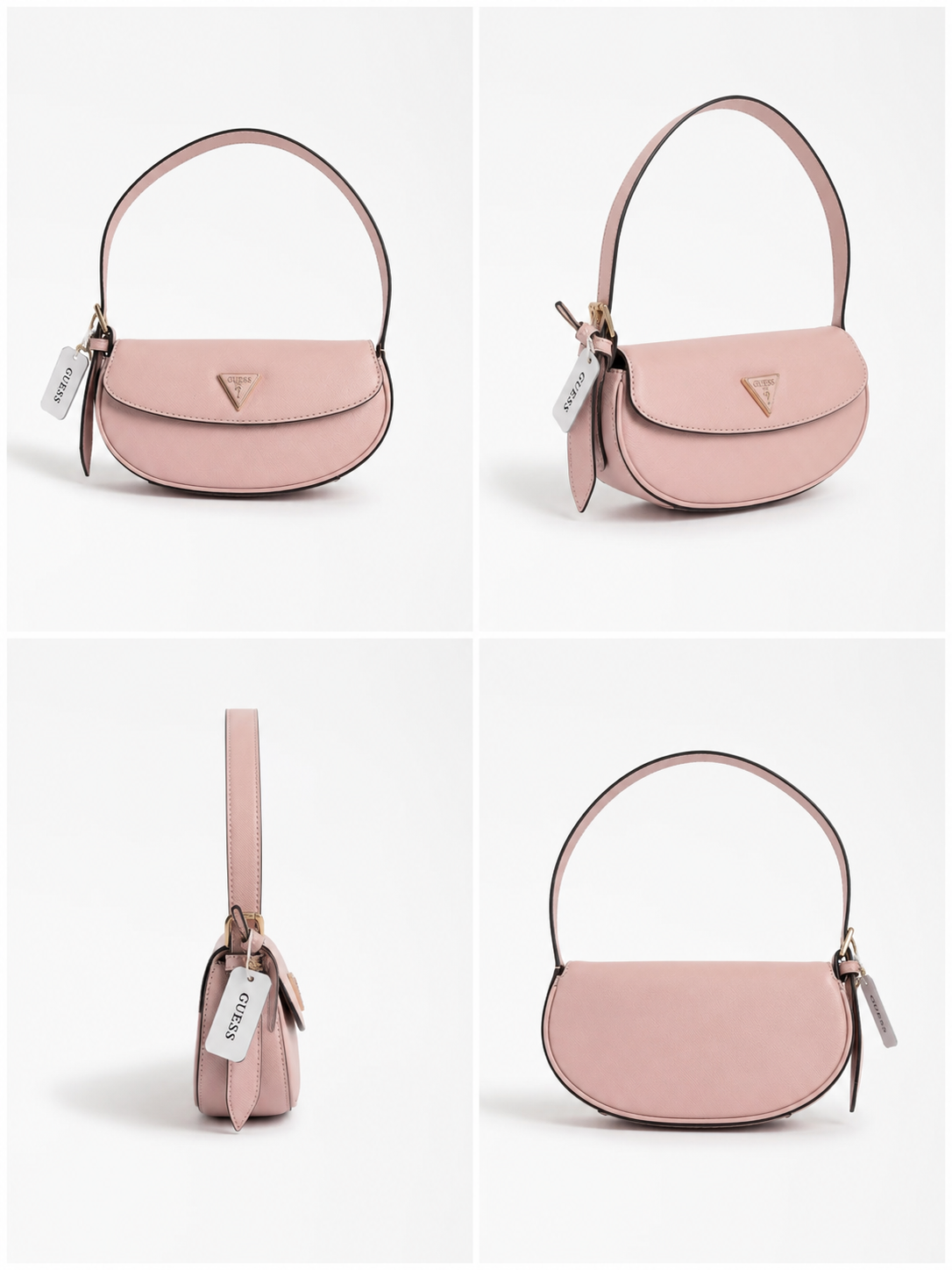 A four-panel product collage showing a small blush pink handbag from multiple angles on a clean white background. The bag has a curved flap, a top handle, a zip closure, a small gold-tone triangular logo emblem, and a hanging white tag with visible Guess branding.