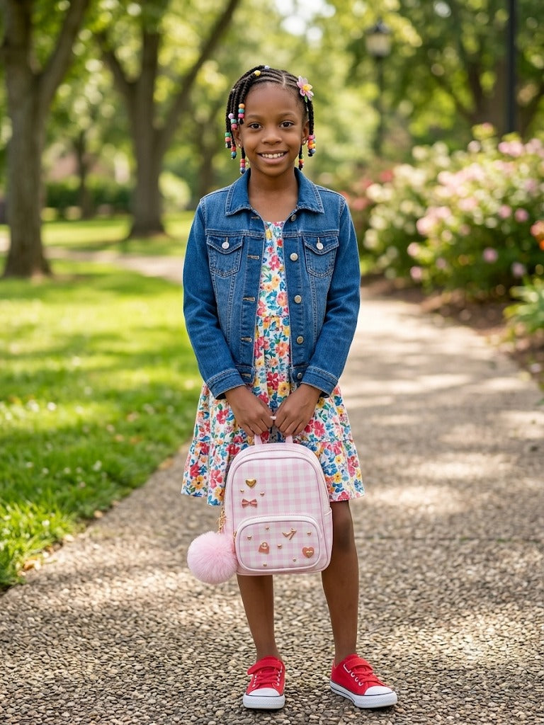 Young girl holding a pink backpack with a floral dress and denim jacket in a park setting