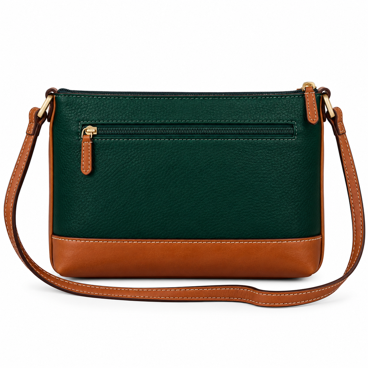 A rectangular crossbody handbag with a dark green pebbled leather front and a tan leather base and strap, featuring gold-tone hardware and a front zip pocket.